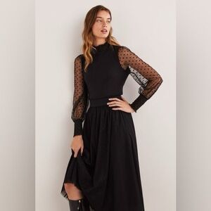 Boden NWT Black Polka Dot Tulle Sleeve Midi Dress Size 6